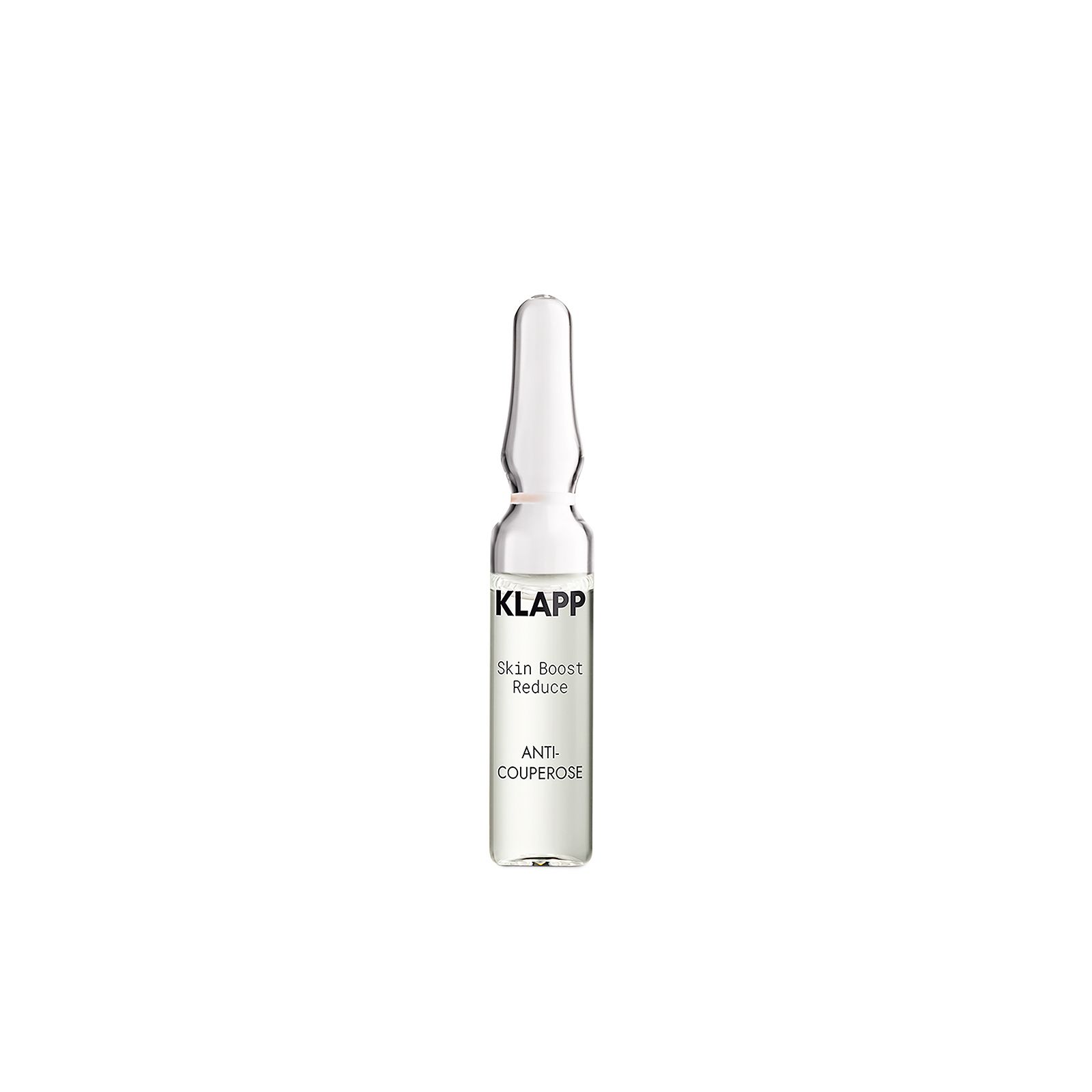 Ampulle mit Produkttext: KLAPP Skin Boost Reduce Anti Couperose. Klare Glasampulle mit Flüssigkeit.