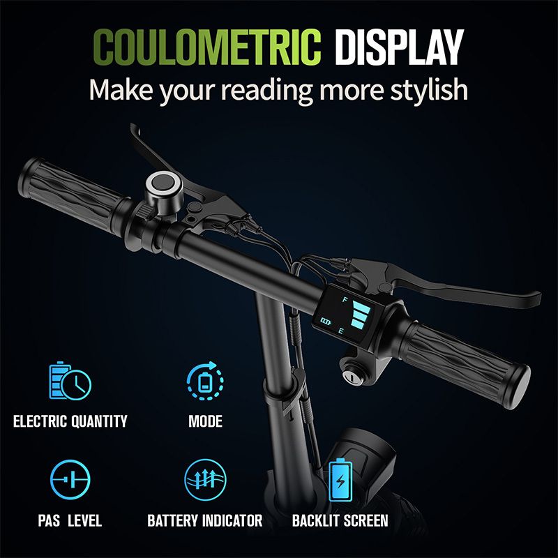 E-Bike-Lenker mit digitaler Anzeige. Merkmale: Batterieanzeige, Modus, PAS-Level, Batterieanzeige, Hintergrundbeleuchtung.