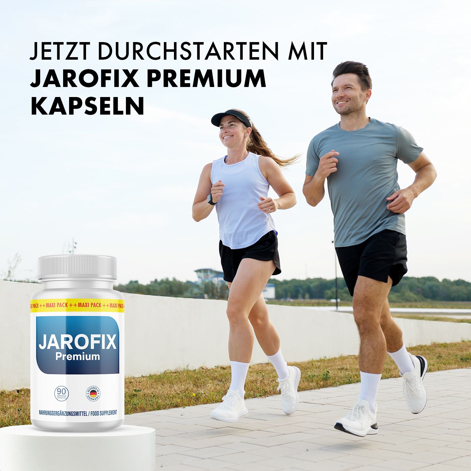 Paar joggt. Jarofix Premium Kapseln auf Podest. Text: Jetzt durchstarten mit Jarofix Premium Kapseln.