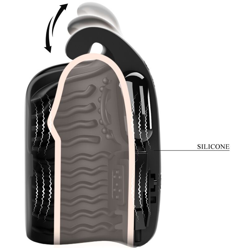 Schnittzeichnung eines schwarzen Masturbators. Rautenmuster, Griff, und Innenstruktur sichtbar. Text: SILICONE.