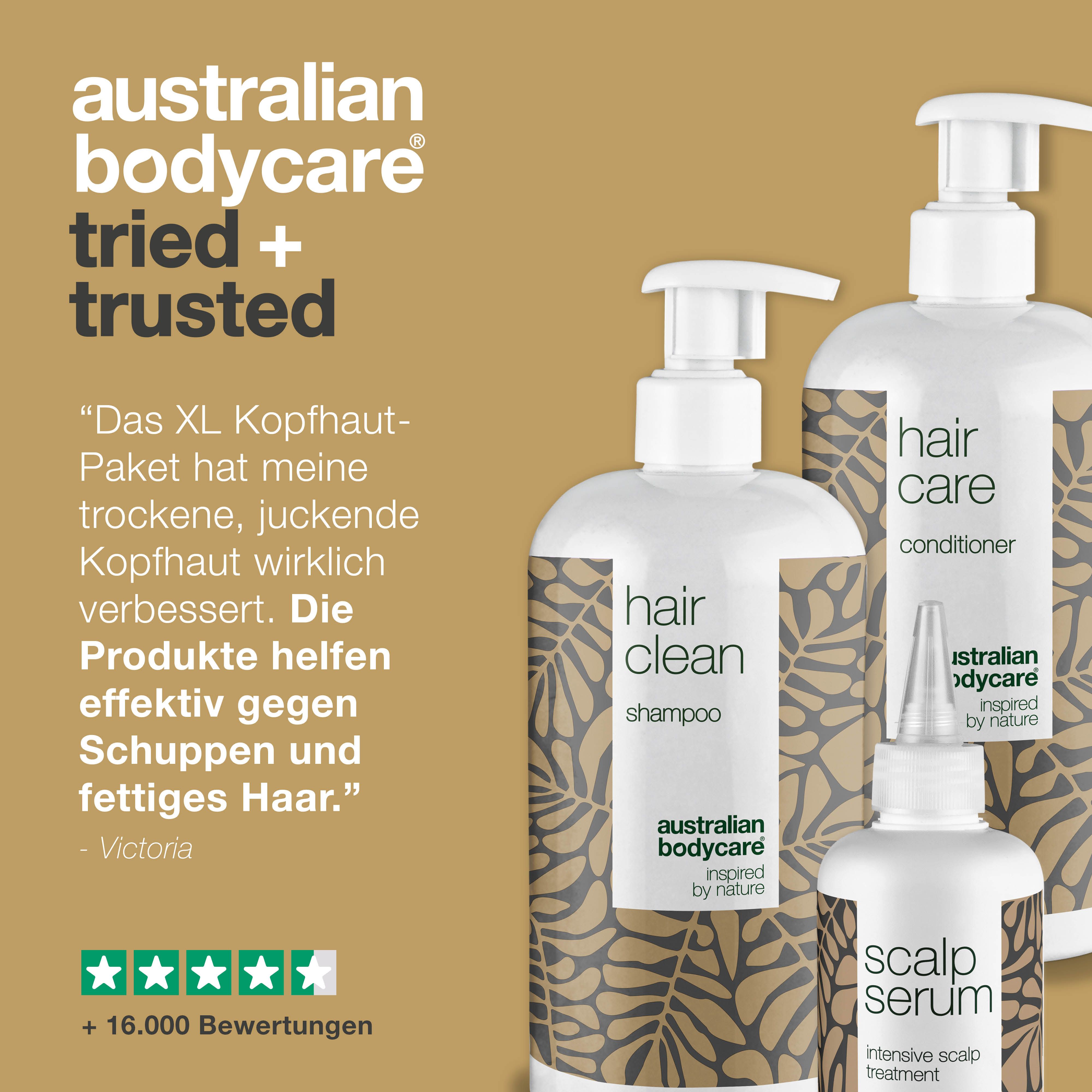 Drei Flaschen Australian Bodycare. Zitat: Das XL Kopfhaut-Paket hat meine trockene, juckende Kopfhaut verbessert.
