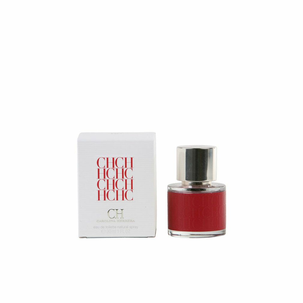 Flacone rosso con tappo argentato e confezione bianca con logo rosso. CHCHCHCHCH. Eau de Toilette Spray.
