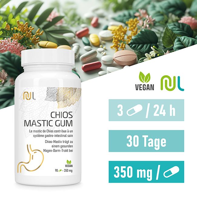 Weiße Flasche CHIOS MASTIC GUM, Vegan-Siegel. Zusätzliche Informationen: 3 Kapseln/24h, 30 Tage, 350 mg. Pillen im Hintergrund.