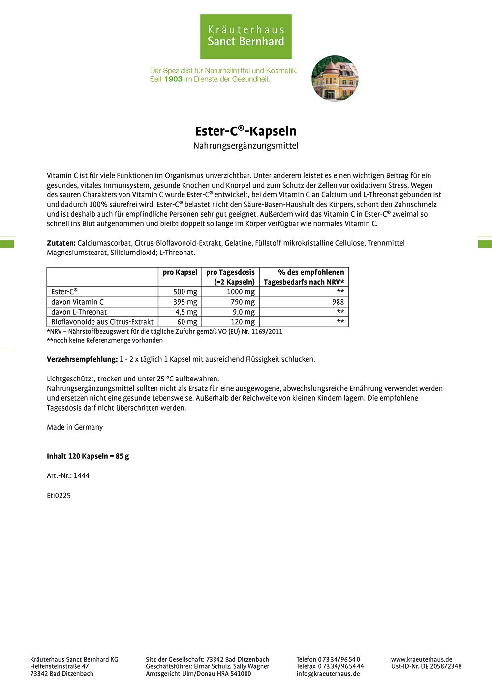 Weißes Blatt mit Text. Enthält Informationen zu Inhaltsstoffen, Dosierung und Nährwertangaben. Marke und Produktname oben.