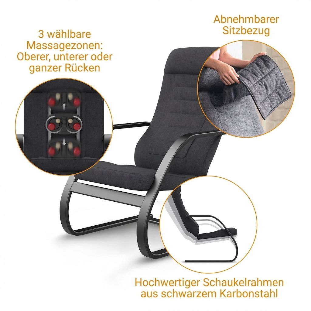 Schwarzer Relaxsessel mit abnehmbarem Sitzbezug und hochwertigem Schaukelsesselrahmen.