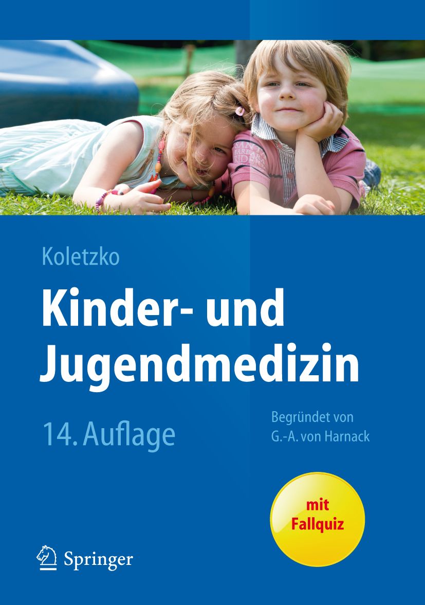 Buchcover: Kinder- und Jugendmedizin, 14. Auflage. Zwei Kinder liegen im Gras. Springer-Logo unten links.
