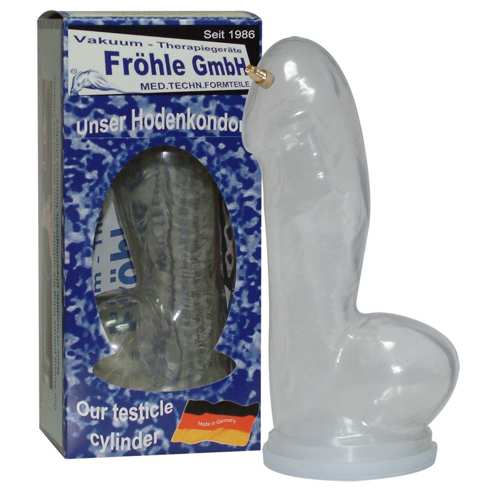 Produkt und Verpackung. Klarer Penis-Zylinder neben einer Box. Box mit Produktabbildung und Text: Unser Hodenkondom.