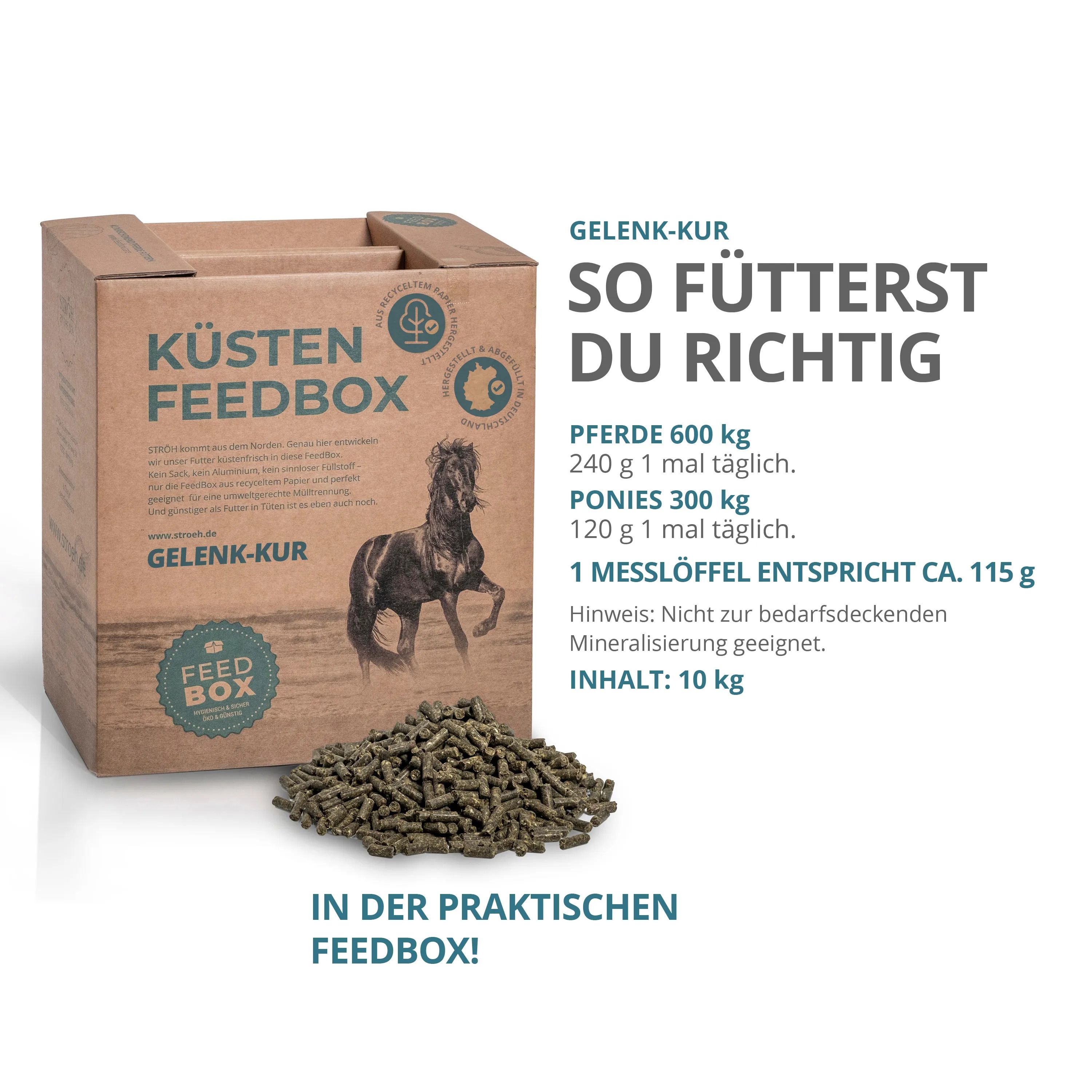 Kartonbox "KÜSTEN FEEDBOX" mit "GELENK-KUR" und Pferdeabbildung. Text mit Dosierungsanleitung. Pellets davor.
