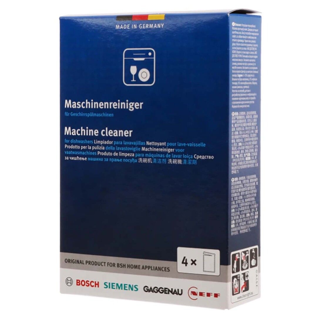 Blaue Schachtel mit 'Maschinenreiniger' Aufschrift. Marke: Bosch, Siemens, Gaggenau, Neff. 4x Packung. Hergestellt in Deutschland.