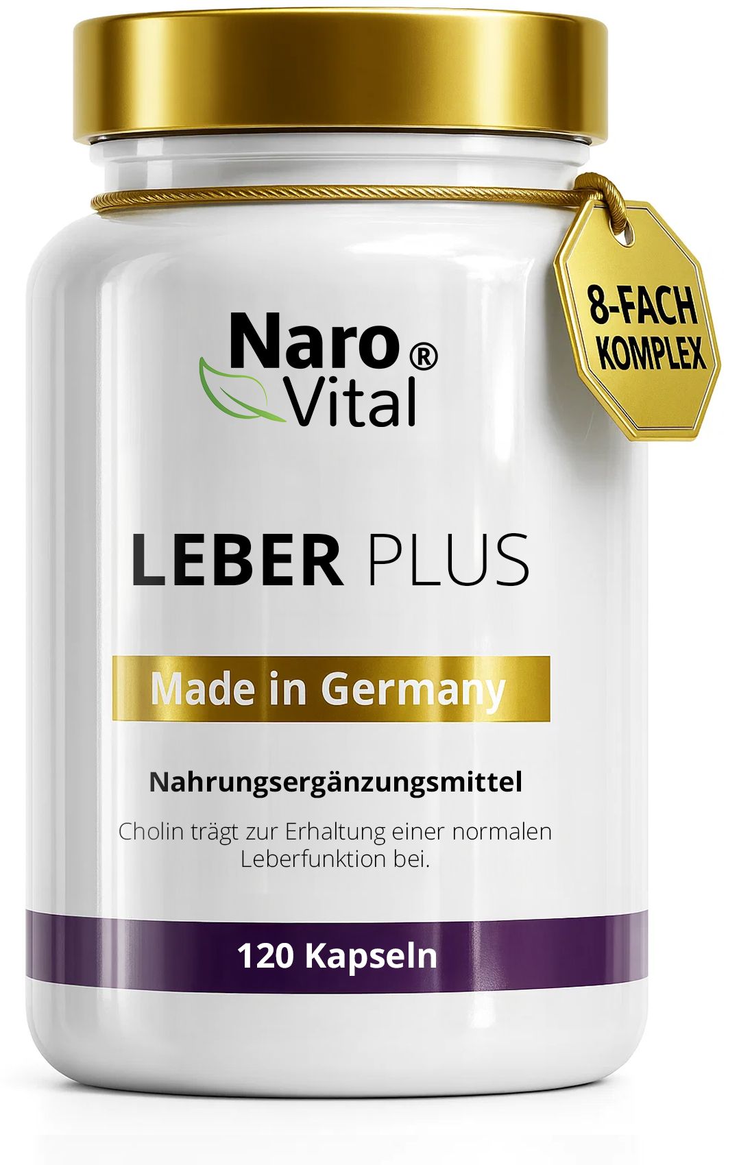 Weiße Flasche mit goldfarbenem Deckel. Aufschrift: Naro Vital, LEBER PLUS, Made in Germany, 120 Kapseln. Anhänger: 8-FACH KOMPLEX.