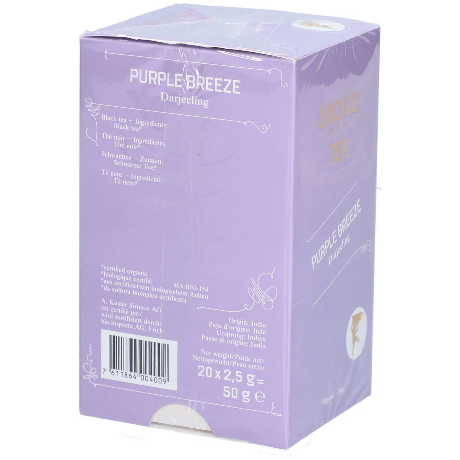 Rückseite der lila Teebox mit Inhaltsangaben und Barcode. "Purple Breeze Darjeeling" und Logo.
