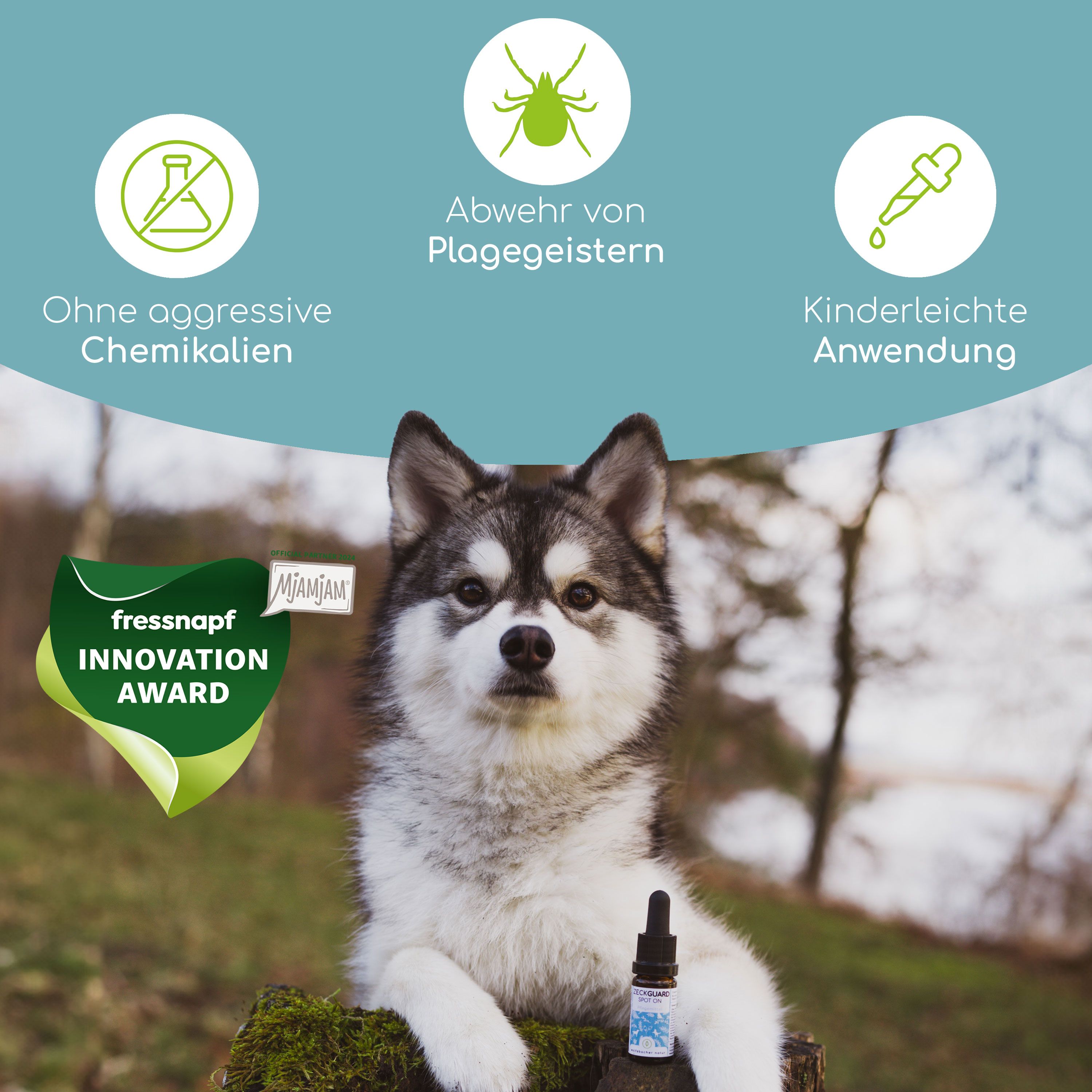 Hund mit Spot-On-Flasche. Icons: Chemikalienfrei, Zeckenabwehr, einfache Anwendung. Auszeichnung: fressnapf INNOVATION AWARD.