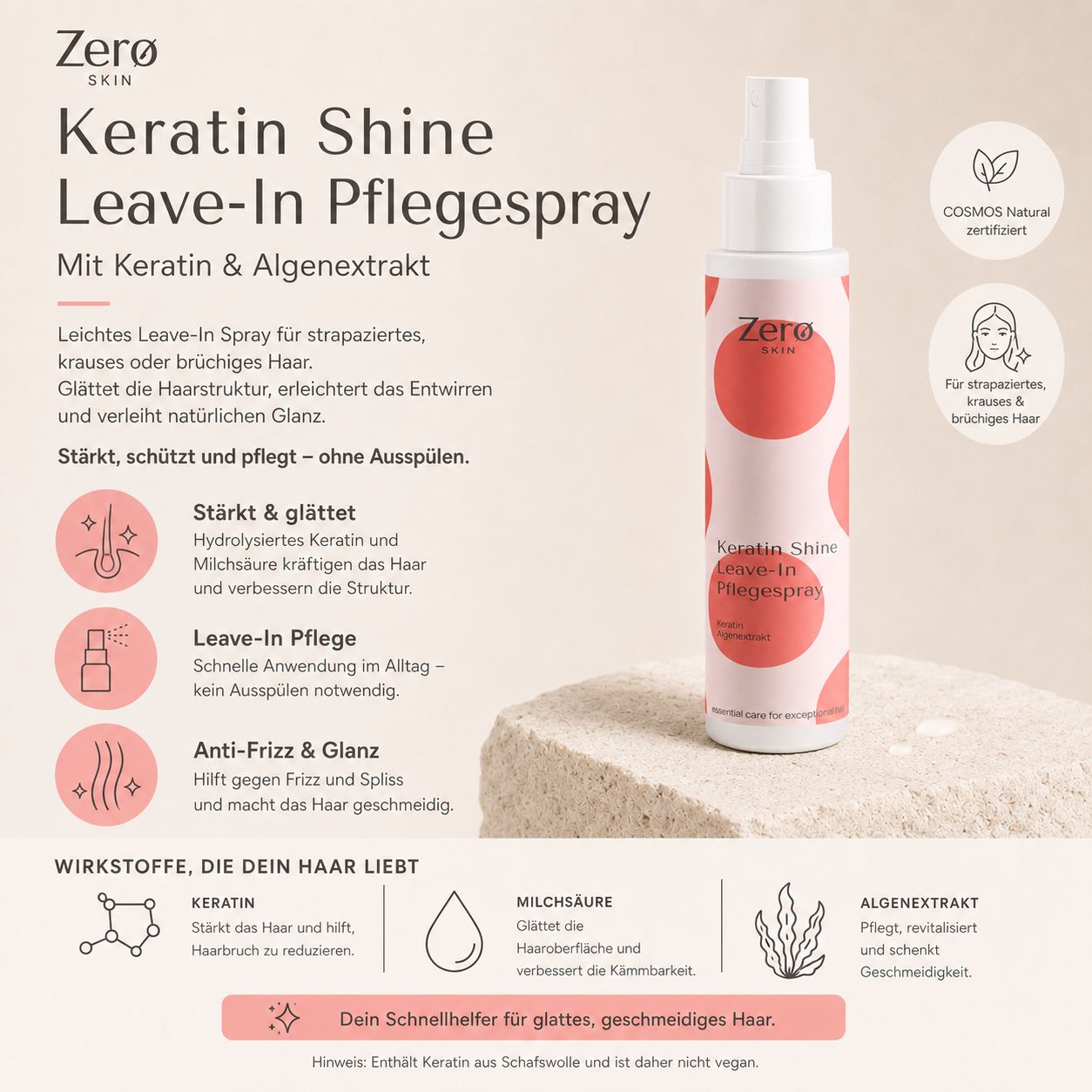 Haarspray-Flasche mit rotem Punktmuster. Text: Zero Skin. Keratin Shine Leave-In Pflegespray. Text und Icons.