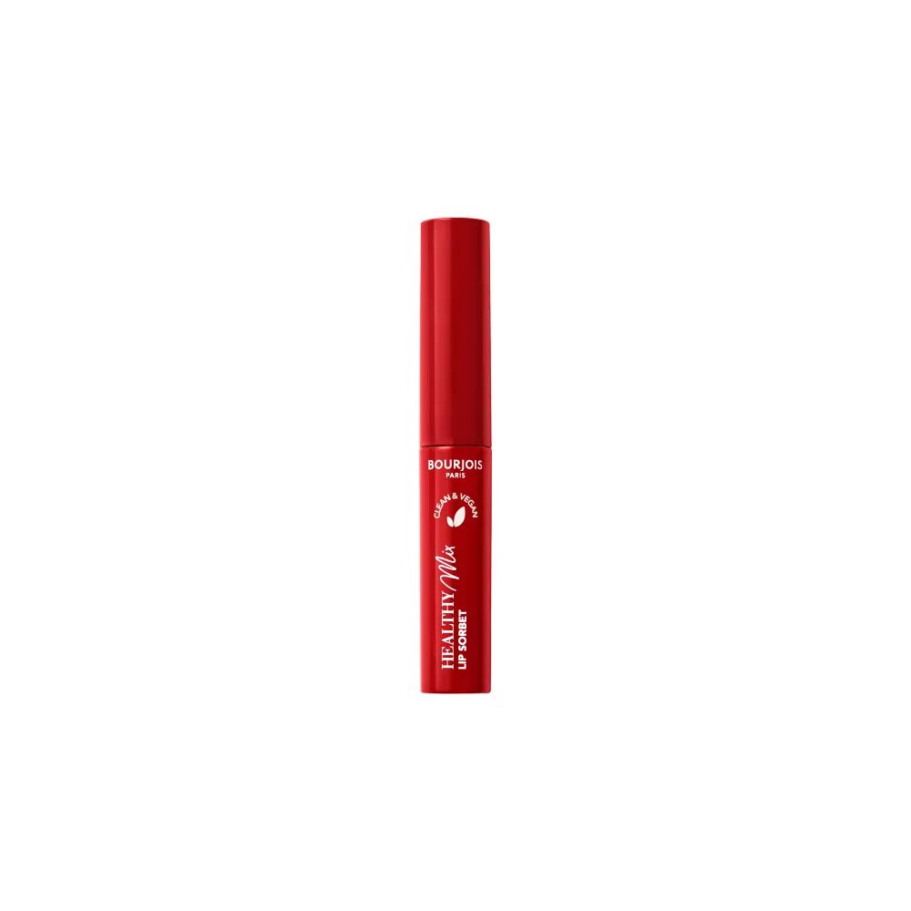 Roter Lippenstift, zylindrische Form, mit Schriftzug Healthy Mix Lip Sorbet und Bourjois Paris. Vegan.