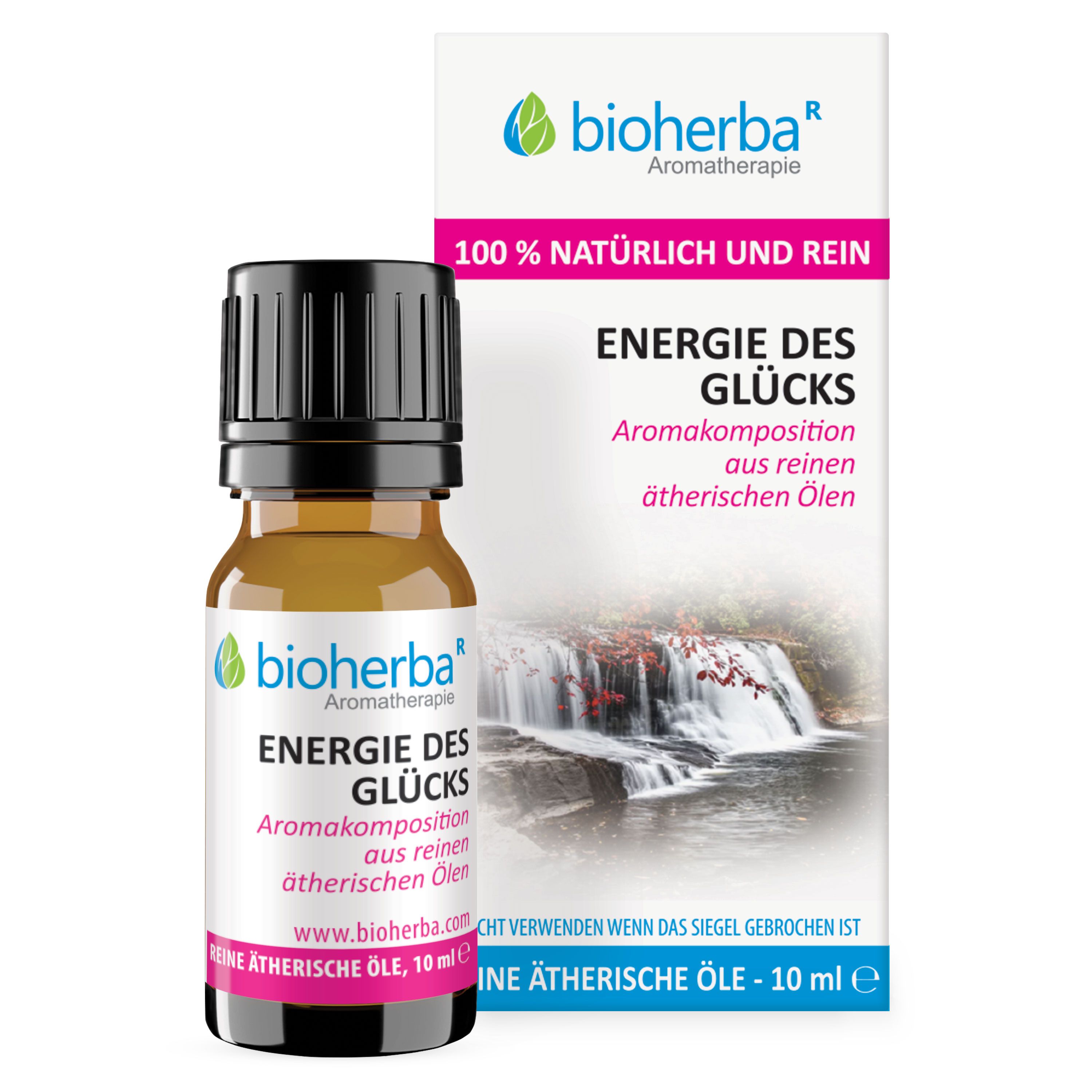 Braune Glasflasche mit schwarzem Deckel und weißer Verpackung. Aufschrift: Bioherba, Energie des Glücks, ätherische Öle.