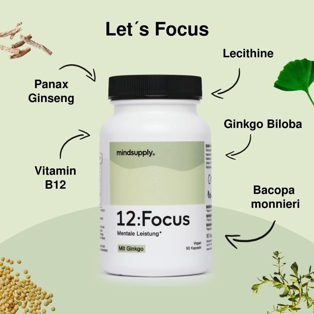 mindsupply® FOCUS - vegane Kapseln mit Gingko, Bacopa, B12 und Panax Ginseng