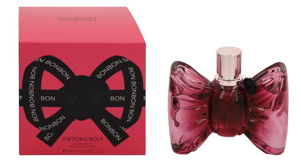 Parfümflasche in Schleifenform und Verpackung. Rosa Flasche und Box mit Aufdruck BONBON. Marke Viktor & Rolf.