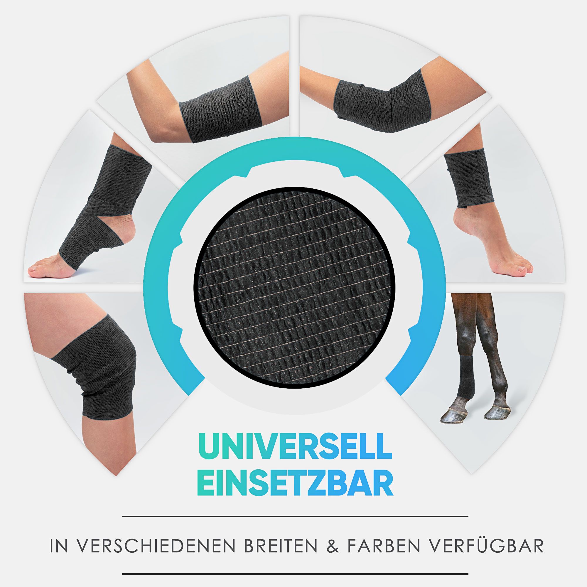 Universelle Anwendung von Haftbandagen an verschiedenen Körperteilen und Pferdebeinen.