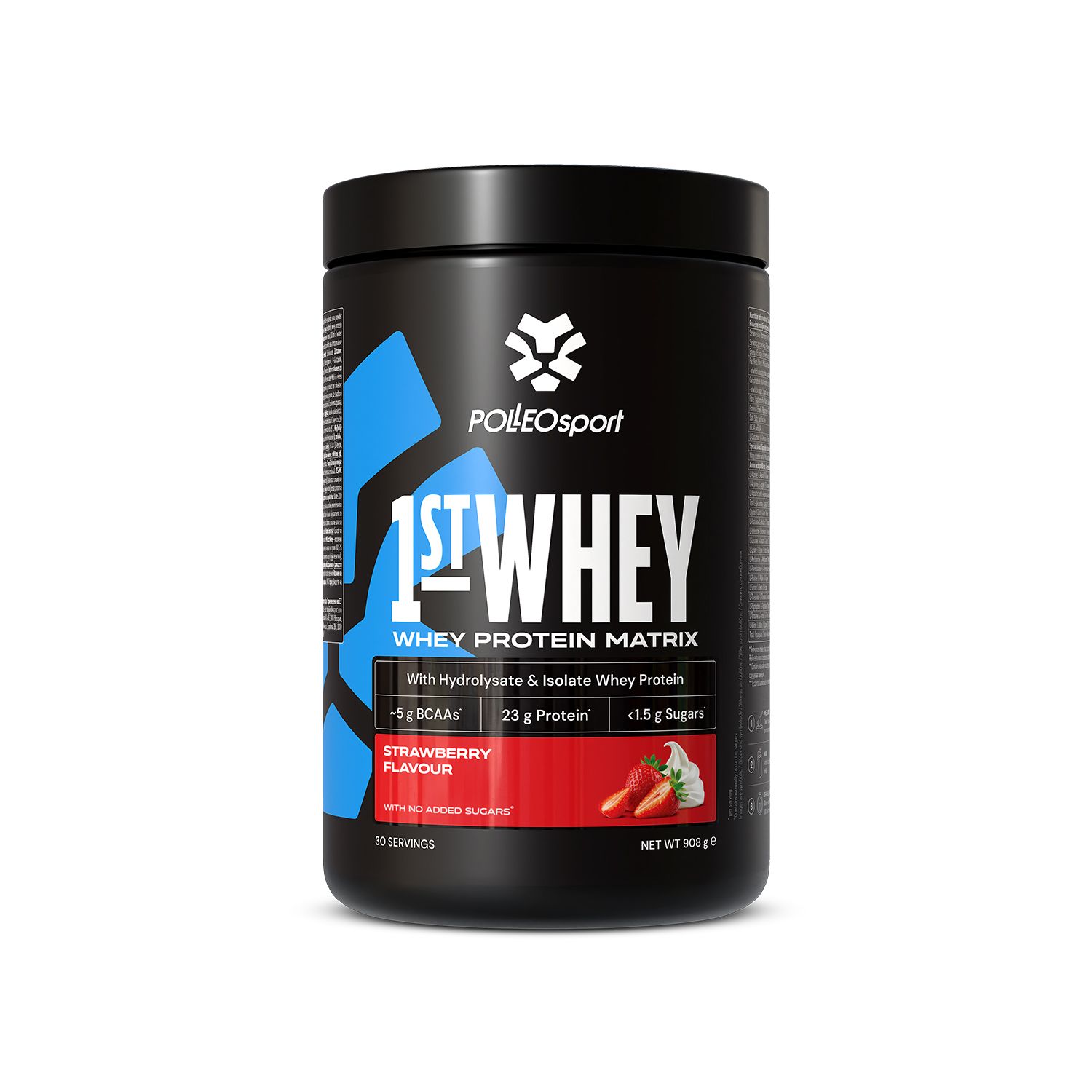 Schwarze Dose mit Proteinpulver. Aufschrift: 1ST:WHEY. Geschmack: Erdbeere. Enthält 30 Portionen. Marke: PolleoSport.