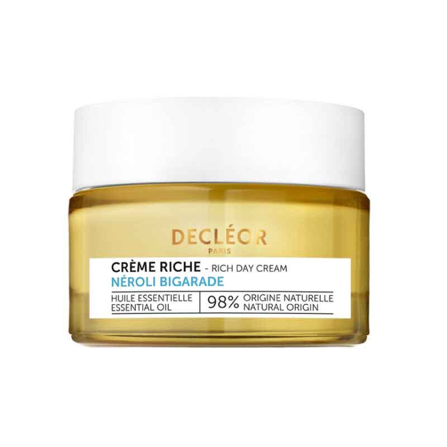 Creme-Glas mit weißem Deckel. Aufschrift: DECLÉOR PARIS, Crème Riche, Néroli Bigarade, 98% natürliche Herkunft.