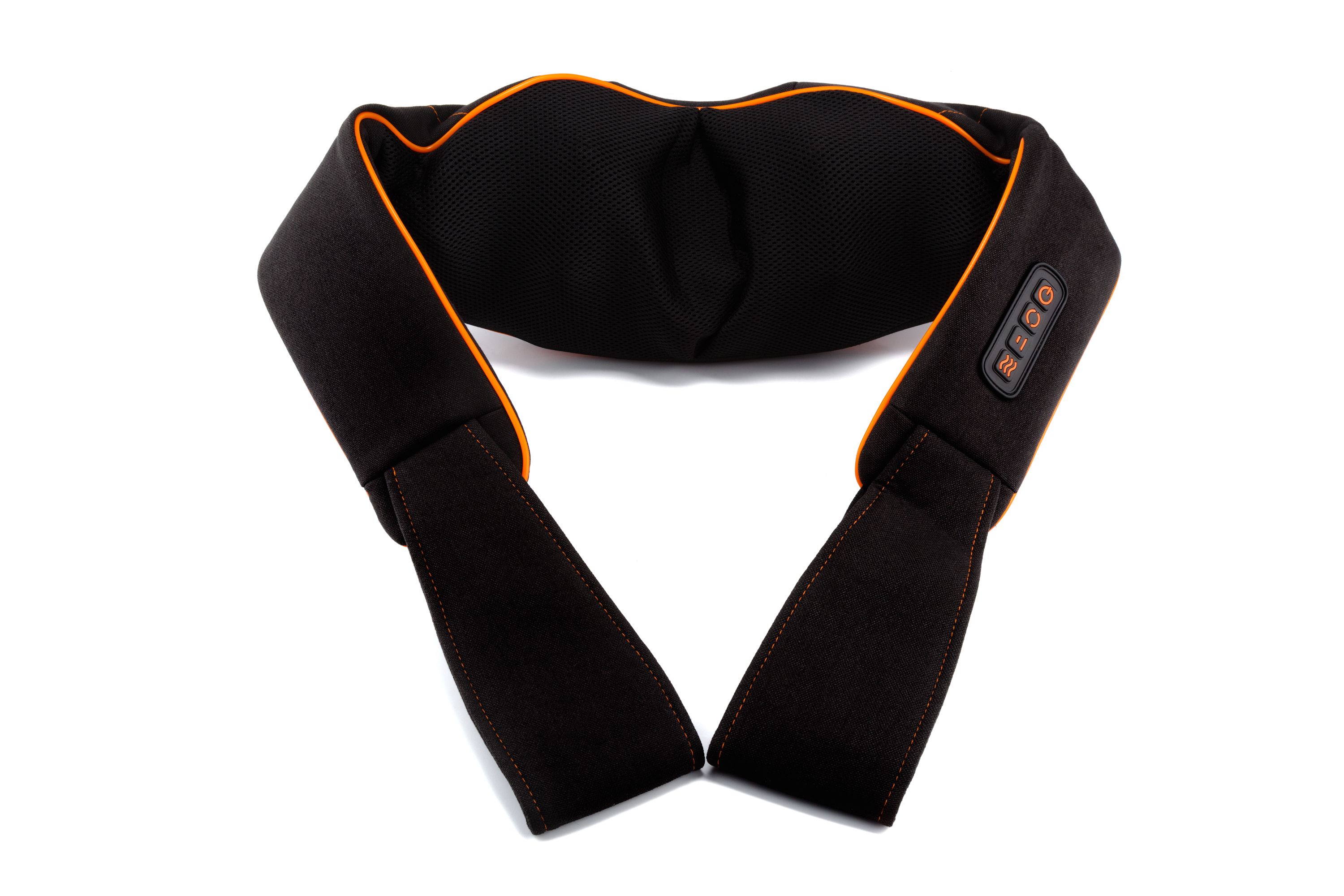 Schwarzes Nackenmassagegerät mit orangefarbenen Akzenten. Mit Bedienfeld und Gurten.