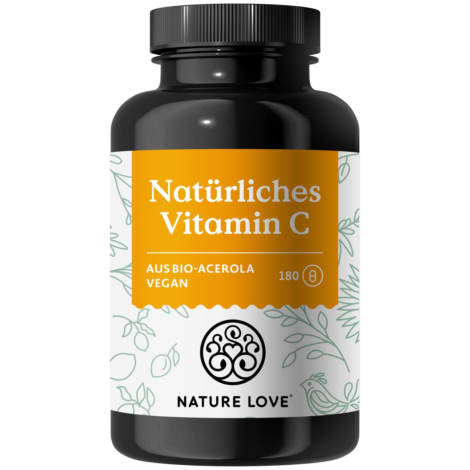 Braune Flasche mit Kapseln. Etikett mit "Natürliches Vitamin C aus Bio Acerola". "NATURE LOVE" Logo. 180 Kapseln.