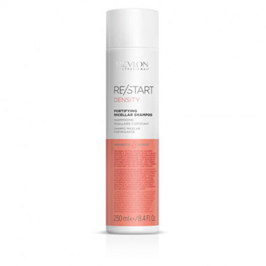 Weiß-rosa Shampoo-Flasche. Text: RE/START Density, Fortifying Micellar Shampoo. 250ml.