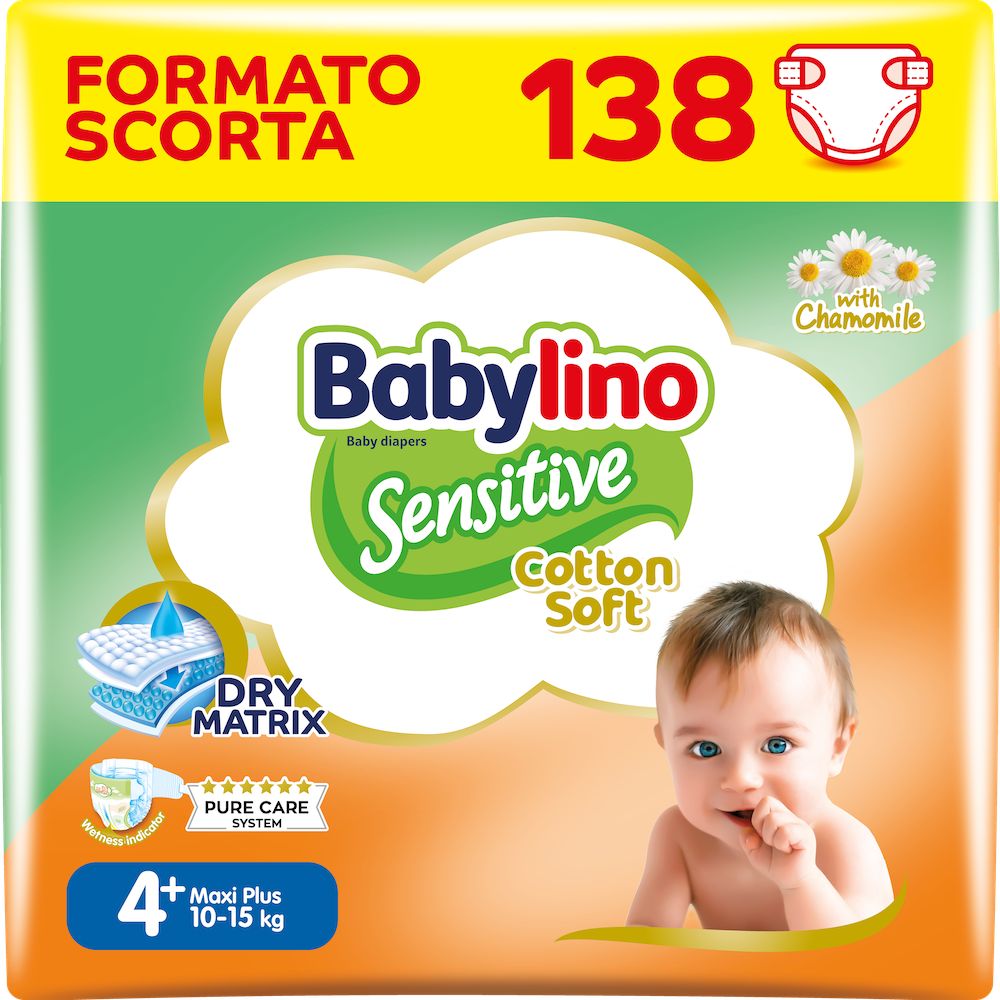Babylino Sensitive Cotton Soft, Pannolini Taglia 4+, Maxi Plus (10-15kg), 138 Unità
