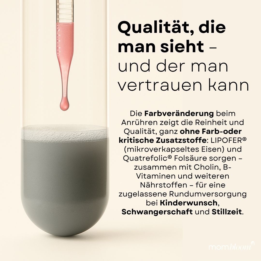 Teströhrchen mit Flüssigkeit. Text über Qualität und Inhaltsstoffe. mombloom® Logo.