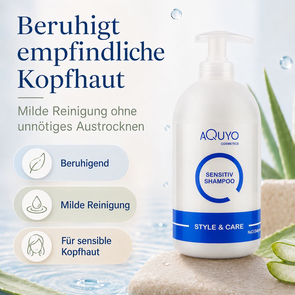 AQUYO SENSITIV SHAMPOO: Beruhigend, milde Reinigung, für sensible Kopfhaut. Sanfte Pflege für trockene, sensible Kopfhaut.