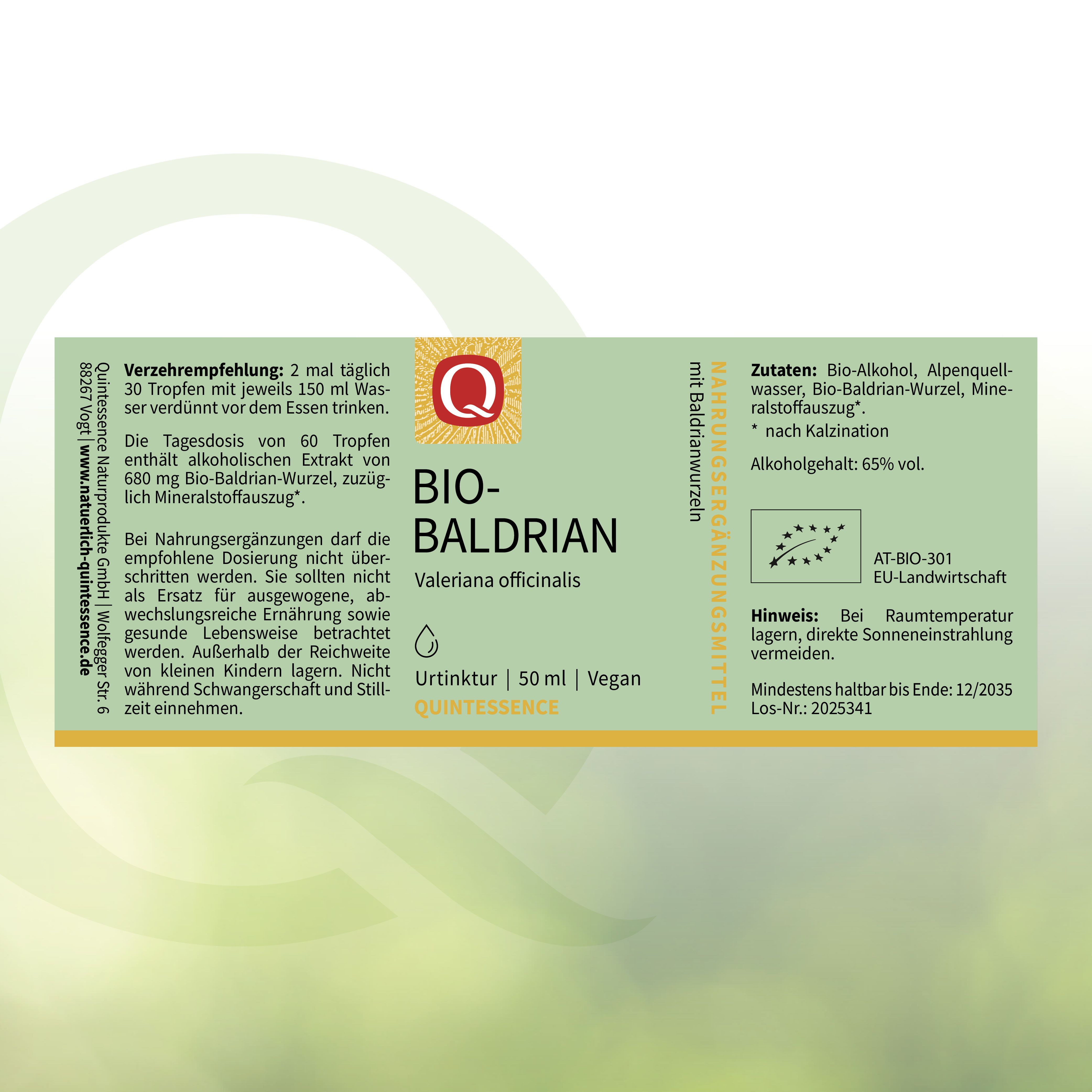 Rückseite einer Quintessence Bio-Baldrian Tinktur Flasche mit Dosierungsanleitung und Inhaltsstoffen.
