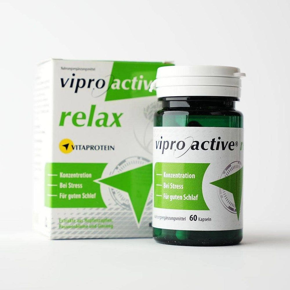 Viproactive® Relax-Produkt, grüne Kapseln in einer grünen Flasche und Schachtel. Aufschrift: Konzentration, Bei Stress, Für guten Schlaf.