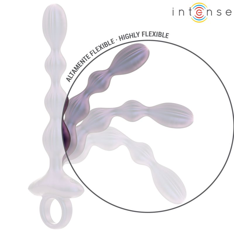 Flexibler Analplug. Lila und transparent. Hervorgehoben: Hohe Flexibilität. Marke: Intense.