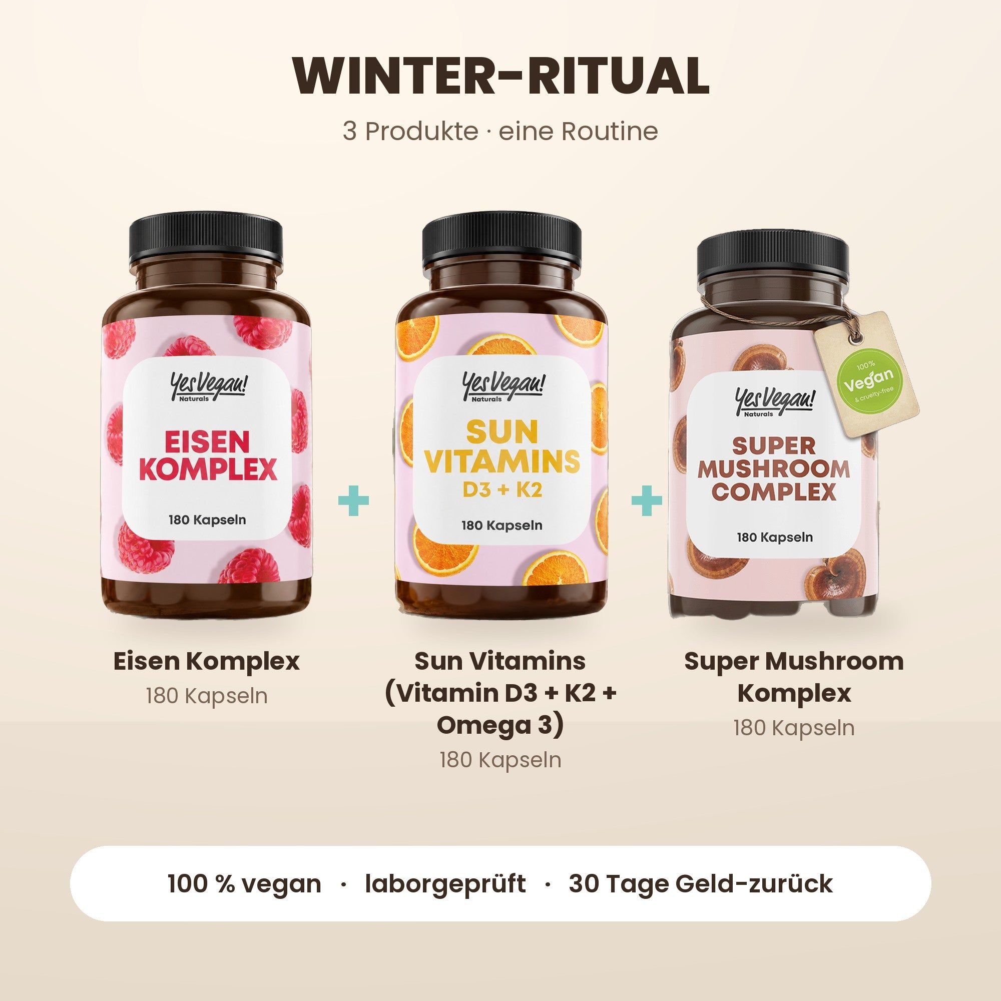 Zwei Yes Vegan! Produkte: Ashwagandha + B1+B6+B12 (365 Kapseln) und Magnesium Komplex (250 Kapseln).