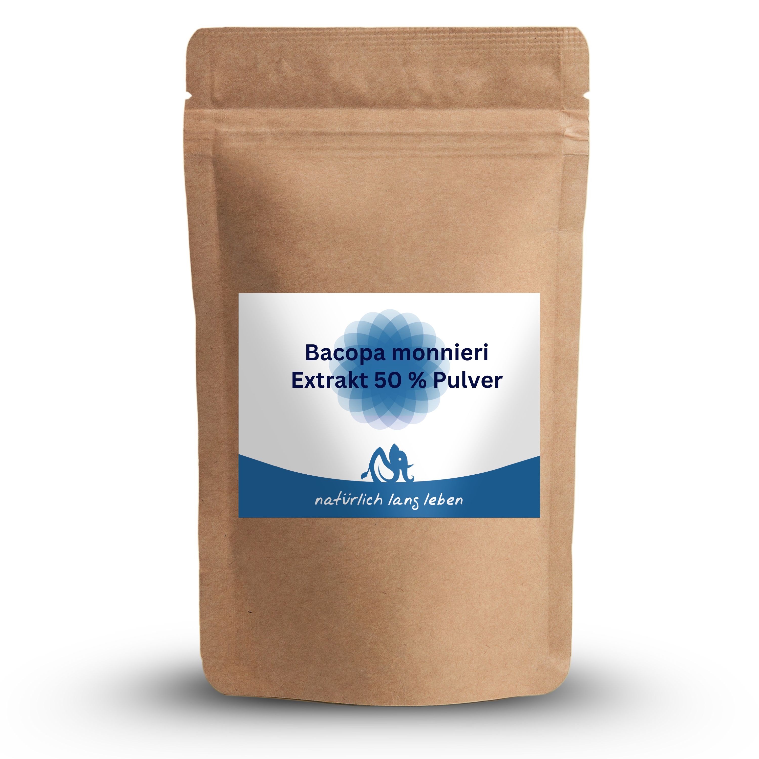 Braune Tüte mit Etikett: Bacopa monnieri Extrakt 50 % Pulver. Logo: natürlich lang leben.