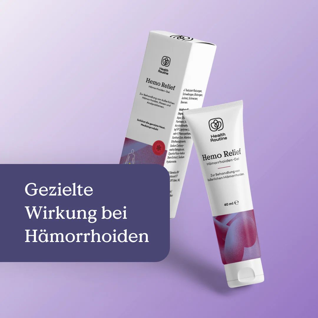 Zwei Packungen Hemo Relief. Tube und Verpackung. Text: Gezielte Wirkung bei Hämorrhoiden.