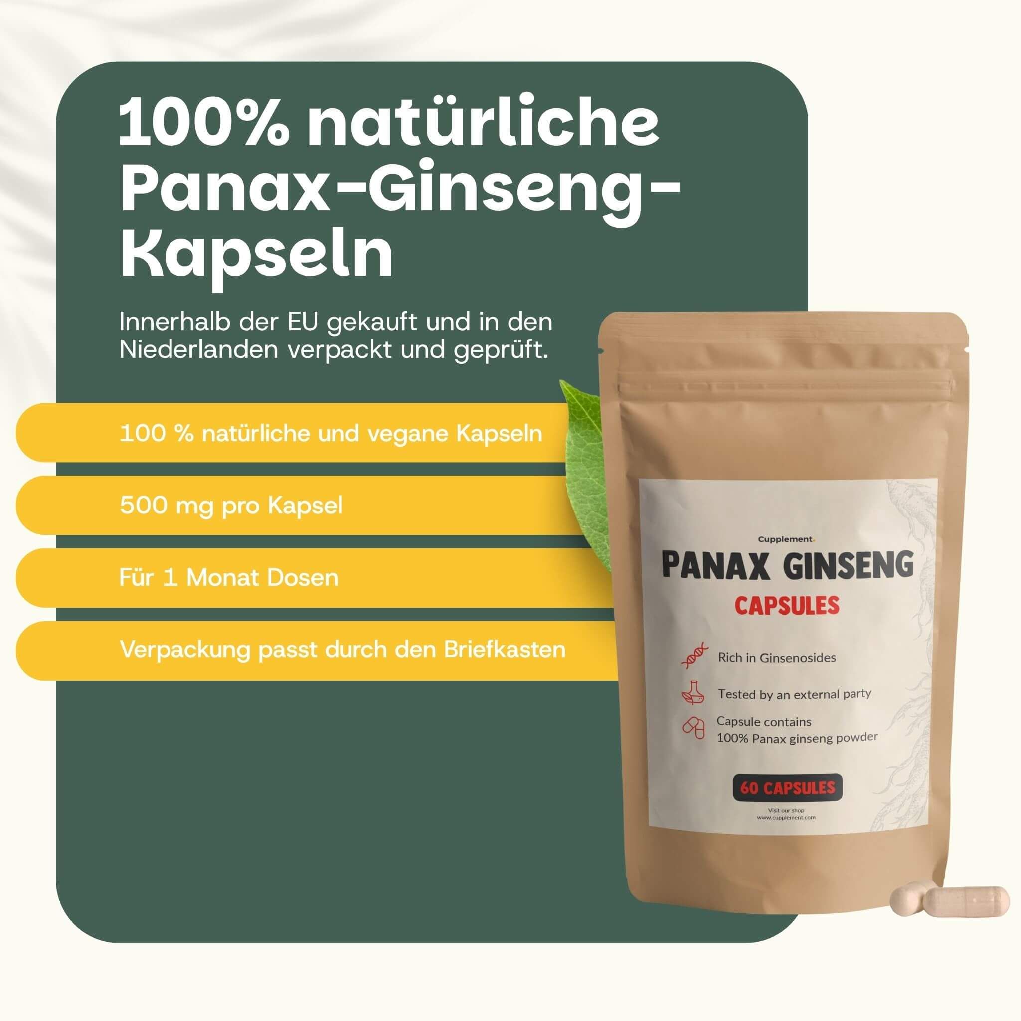 Beutel mit Kapseln. Text: Panax Ginseng Capsules. 60 Kapseln. 100% natürliche und vegane Kapseln. 500 mg pro Kapsel.