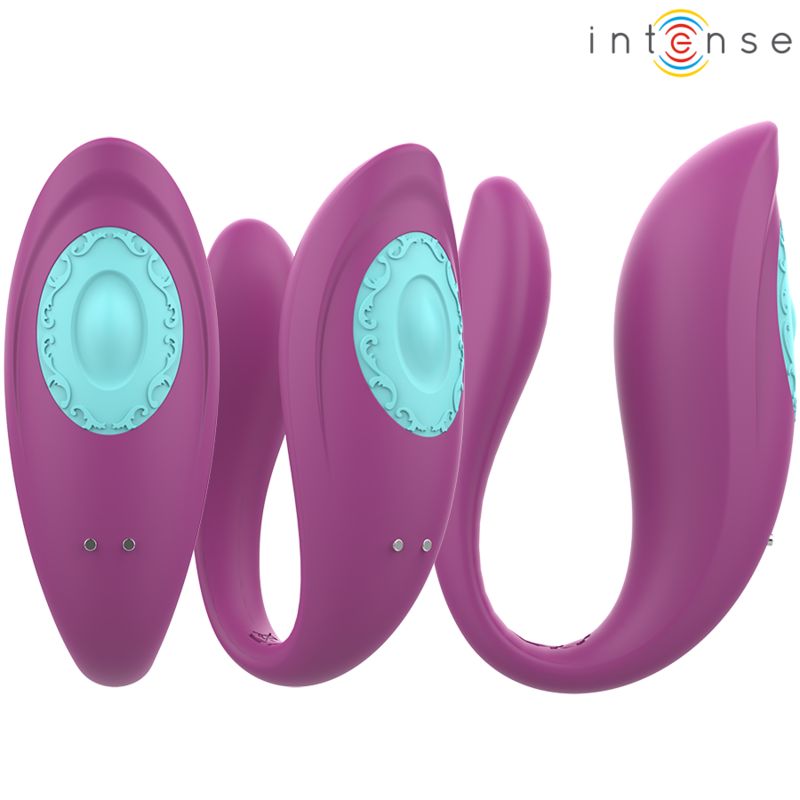 U-förmiger Vibrator, lila, mit hellblauem Akzent. Drei Ansichten des Produkts.