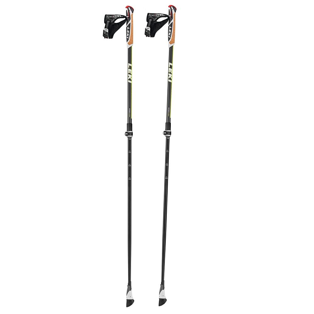 Zwei Nordic-Walking-Stöcke. Schwarz, gelb und weiß. Marke Leki. Verstellbar.