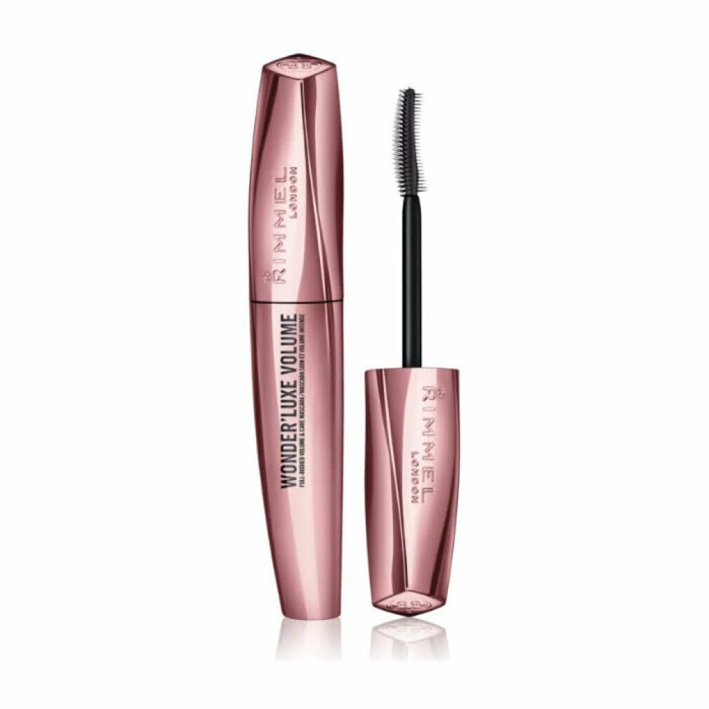 Rimmel London Wonder'Luxe Volume Mascara. Rosa-farbene Hülse, schwarze Bürste. Deckel geöffnet.