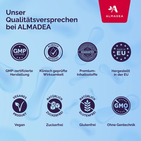 Qualitätsversprechen von Almadea. Logos: GMP, klinisch geprüft, Premium-Inhaltsstoffe, hergestellt in der EU, vegan, zuckerfrei, glutenfrei, ohne Gentechnik.