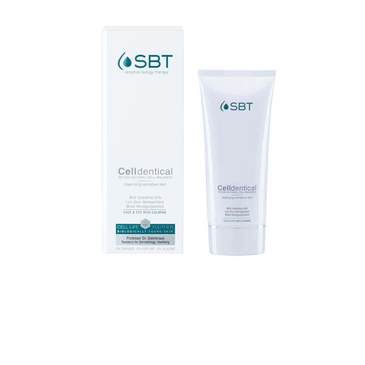 Weiße Tube und Schachtel mit SBT-Logo. Auf der Tube: CELLDENTICAL. Auf der Schachtel: CELLDENTICAL, milde Reinigungsmilch.