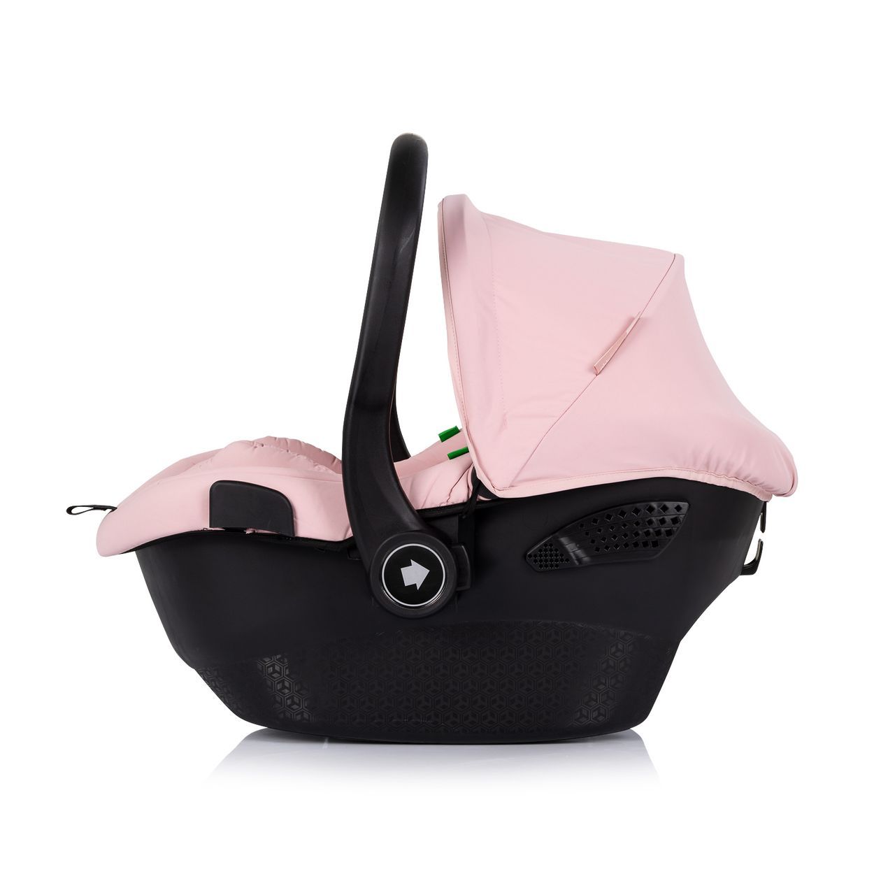 Rosa Babysitz mit schwarzer Basis und verstellbarem Griff. Enthält eine Kapuze und Sitzpolsterung.