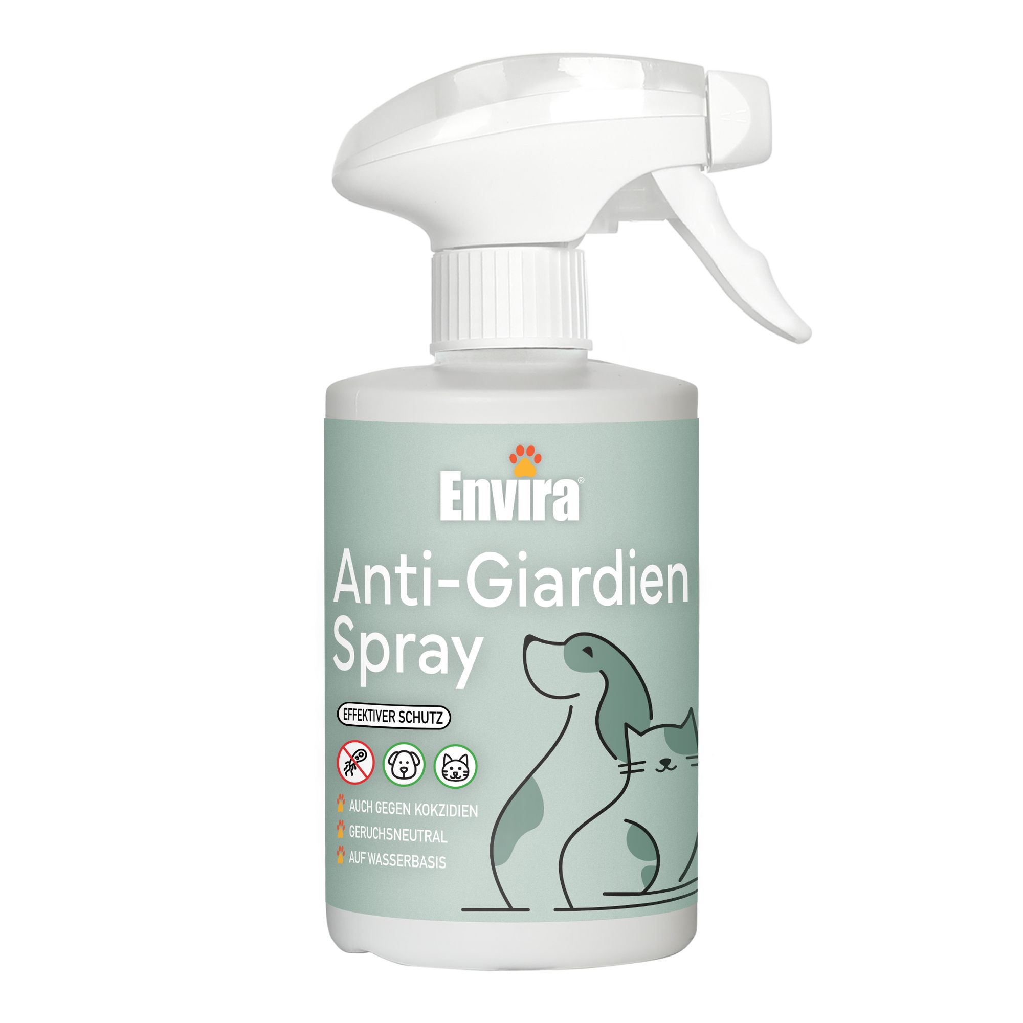 Flasche ENVIRA Anti-Giardien Spray mit Sprühkopf. Aufschrift: Anti-Giardien Spray, effektiver Schutz, für Hunde und Katzen geeignet.