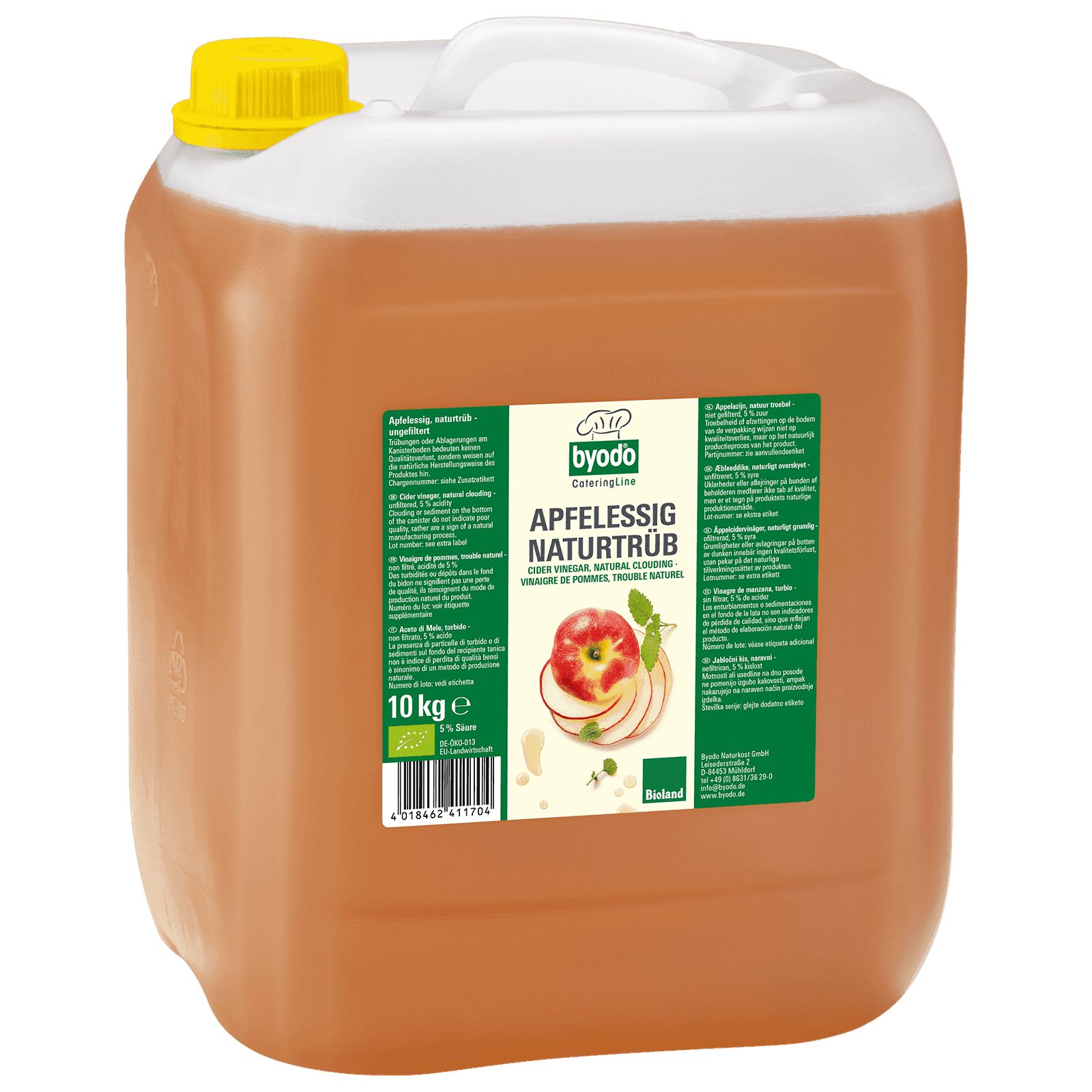 Kanister mit Apfelessig, naturtrüb. Aufschrift: byodo, Apfelessig naturtrüb, Bioland. 10 kg e. Mit Bio-Siegel.