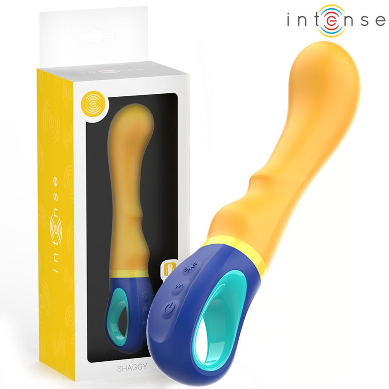 Gelb-blauer Vibrator in Verpackung. Produktname: Shaggy. Marke Intense.