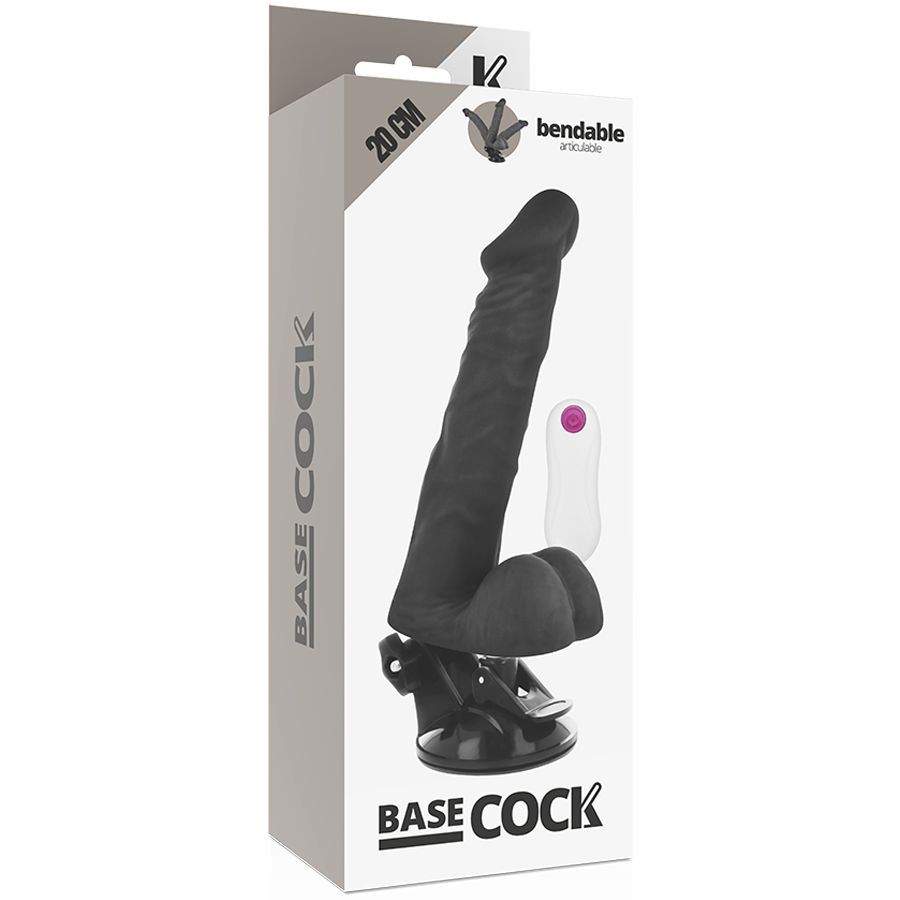Schwarzer Flex-Vibrator in Verpackung. Auf der Verpackung steht BASE COCK und 20 CM.