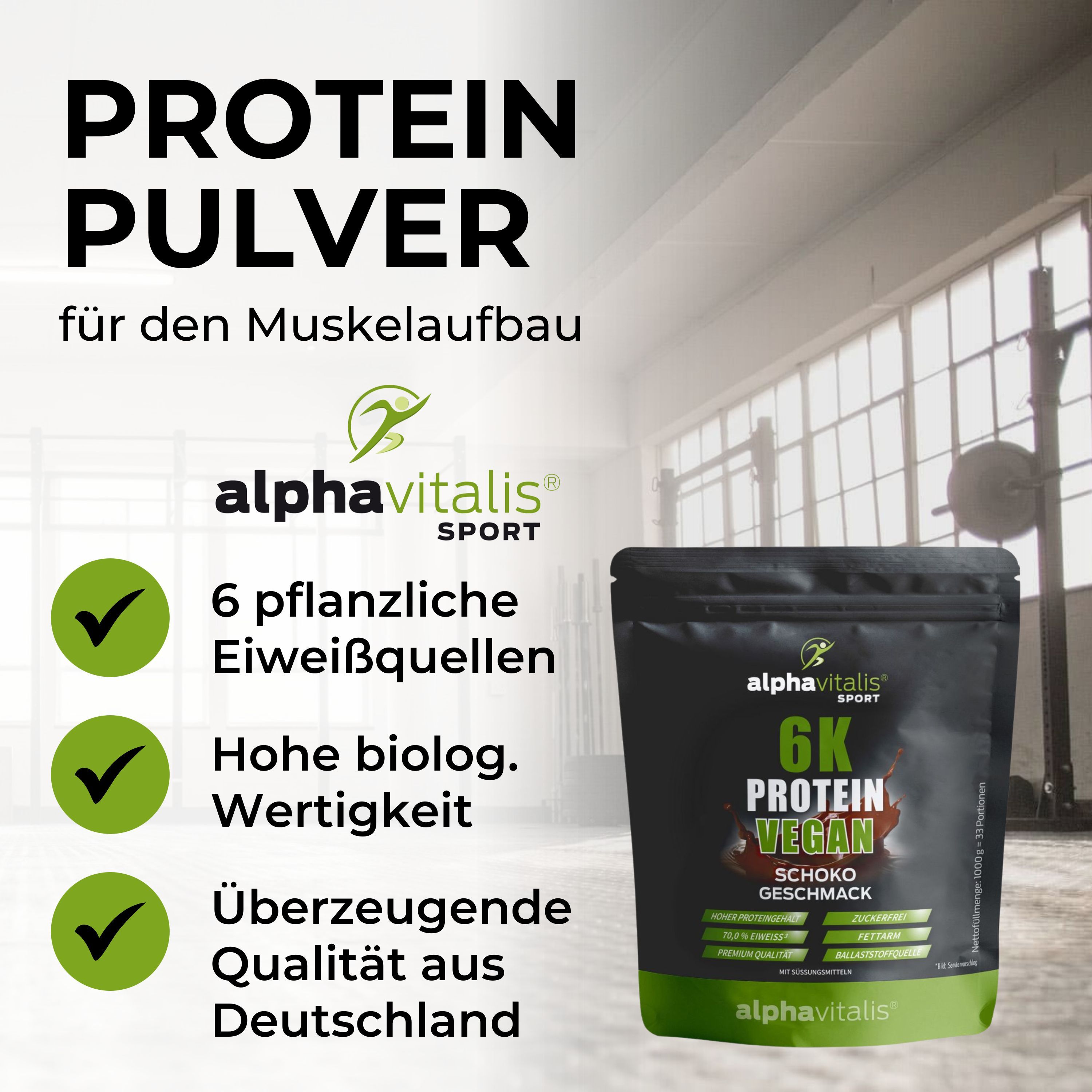 Alphavitalis 6K Protein Pulver für Muskelaufbau, 6 pflanzliche Eiweißquellen, hohe biologische Wertigkeit.