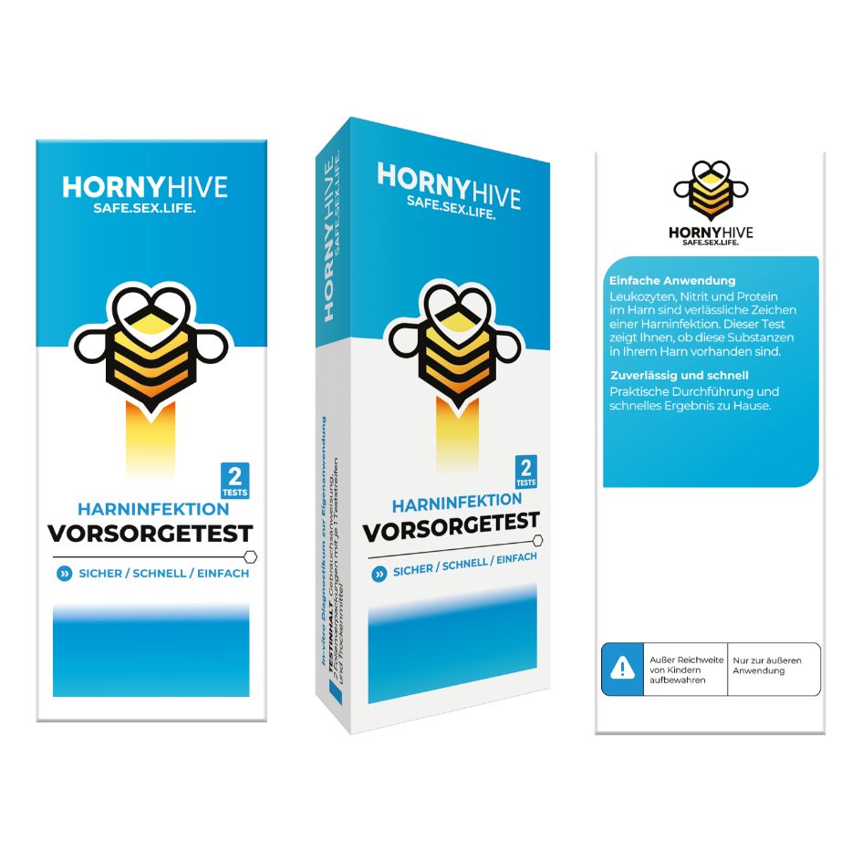 Horny Hive Schnelltest-Bundle. Blau, orange und pink. Schachteln, Anleitung. Aufschrift: Harninfektion, Chlamydien, Vaginaler pH. Sicher/Schnell/Einfach.