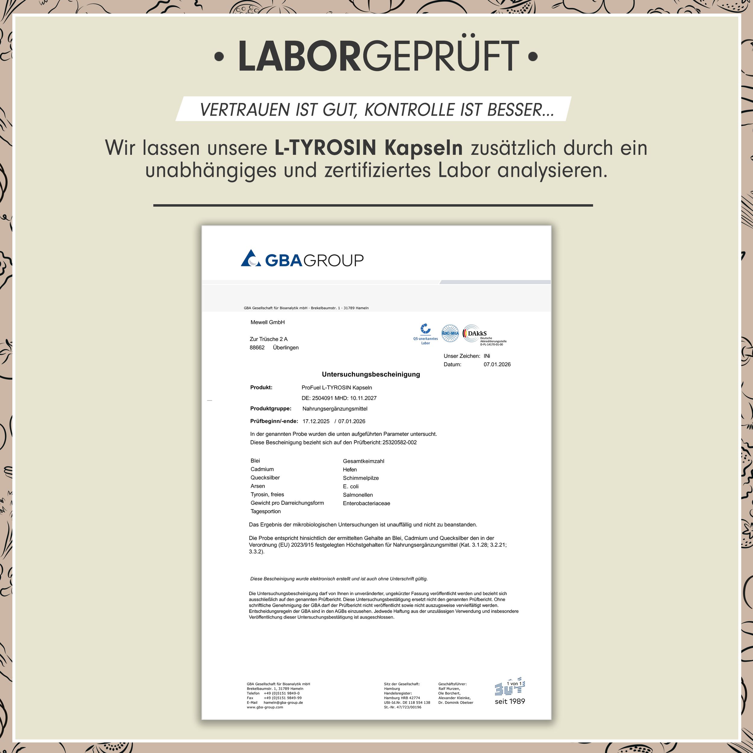 Laborbericht für ProFuel L-Tyrosin Kapseln, bestätigt durch GBA GROUP.